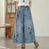 Plus Size Thin Vintage Floral High Waist Casual Loose Women Summer Jeans Denim Wide Leg Pants