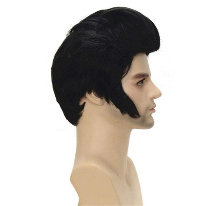 High Quality Men's Rock Singers Presley Cosplay Wig Party Superstar Heat Resistant Black Synthetic Party Hair Wig + Wig Cap