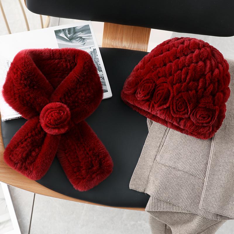 Winter Warm Scarf Hat Two-piece Set, Middle-aged and Elderly Temperament Rex Rabbit Fur Hat, Mother Flower Scarf
