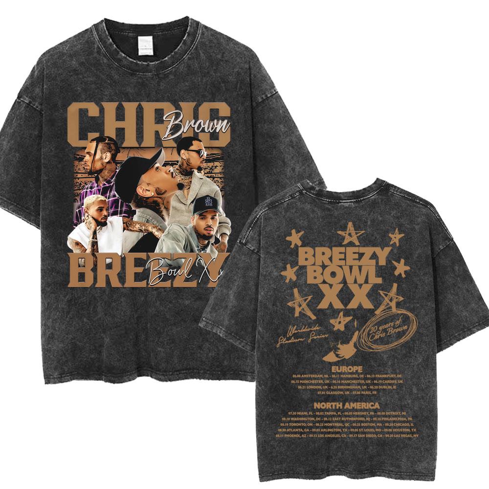 Chris Brown Breezy Bowl XX Concert Tour Washed T Shirts Vintage Hip Hop Gothic T Shirt Mens Oversized Cotton Tshirt Streetwear