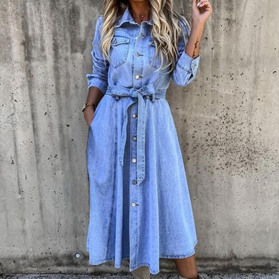 Single-Breasted High Waist Denim Dress Shrink-resistant Lapel Belt Long Sleeve Women Midi Dress Streetwear