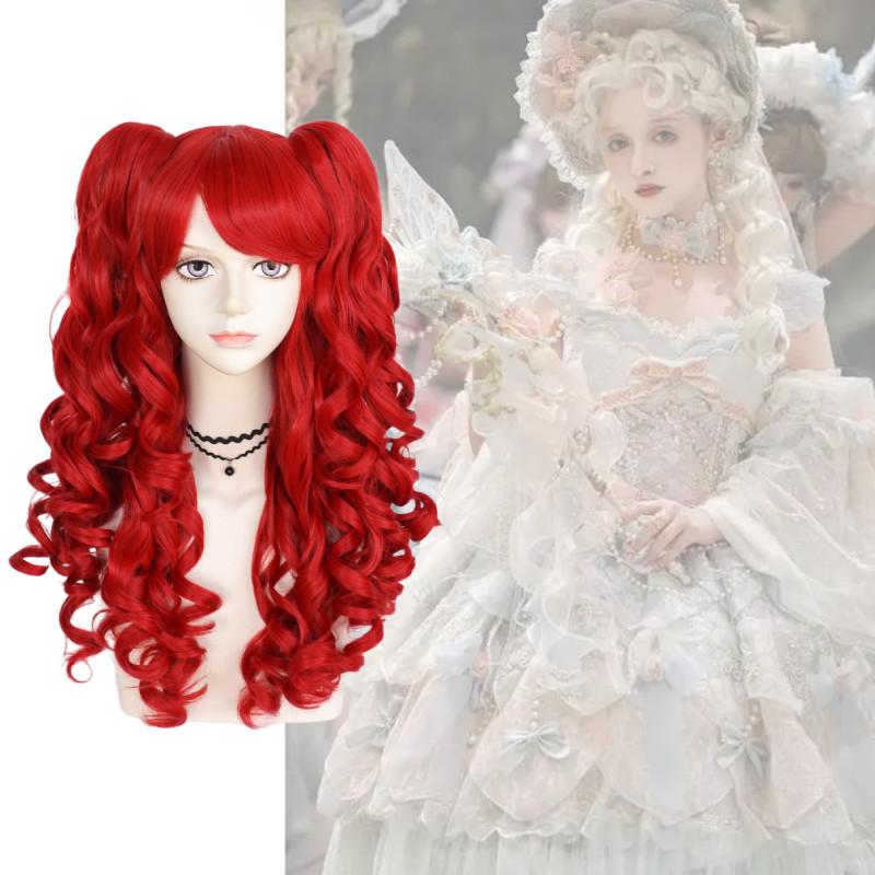 Lolita Cosplay Wig With Double Tiger Clips Red Long Curly Synthetic Hair For Anime Costumes