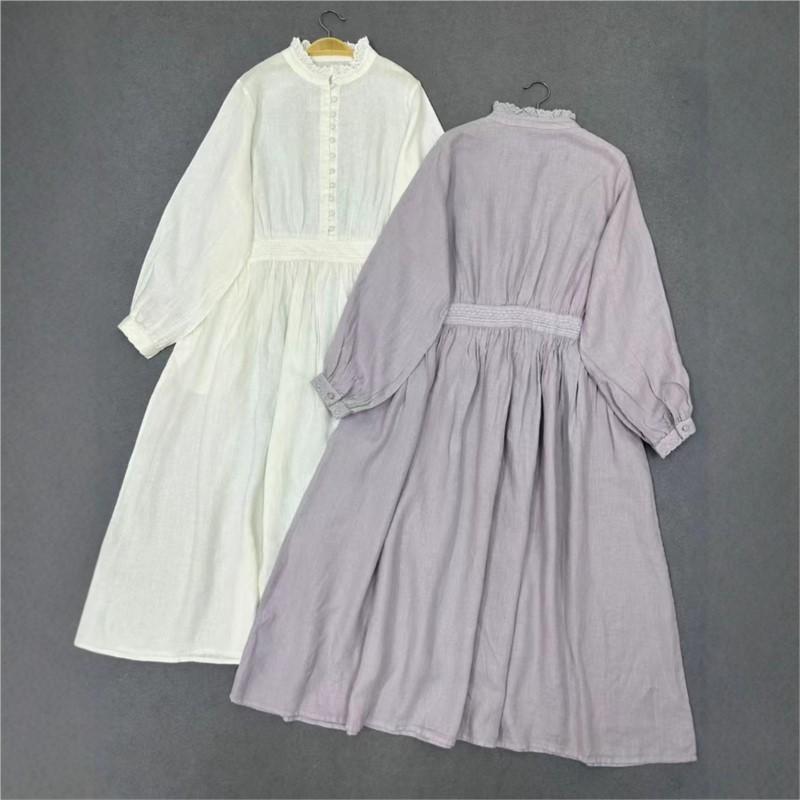 Johnature Весеннее платье с длинным рукавом, японский воротник-стойка, отделка «деревянное ушко», однотонное, винтажное, свободного кроя, женское