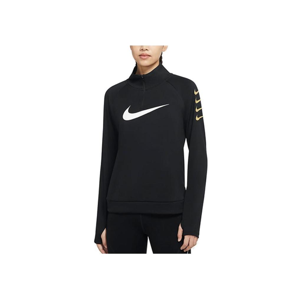 Nike Swoosh Run Logo Print Reflective Half-Zip Casual Sports Fitness Top Women Tops Black CW0293-010