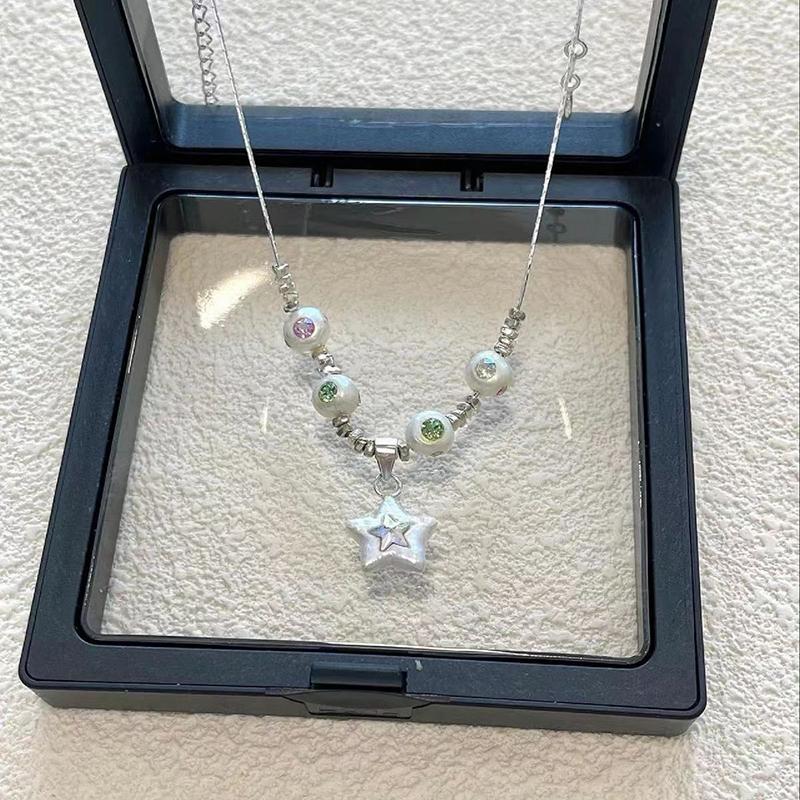 Aesthetic Colorful Rhinestone Star Pendant Silver Color Pearl Necklace for Women Beaded Neck Chain Jewelry Accessories