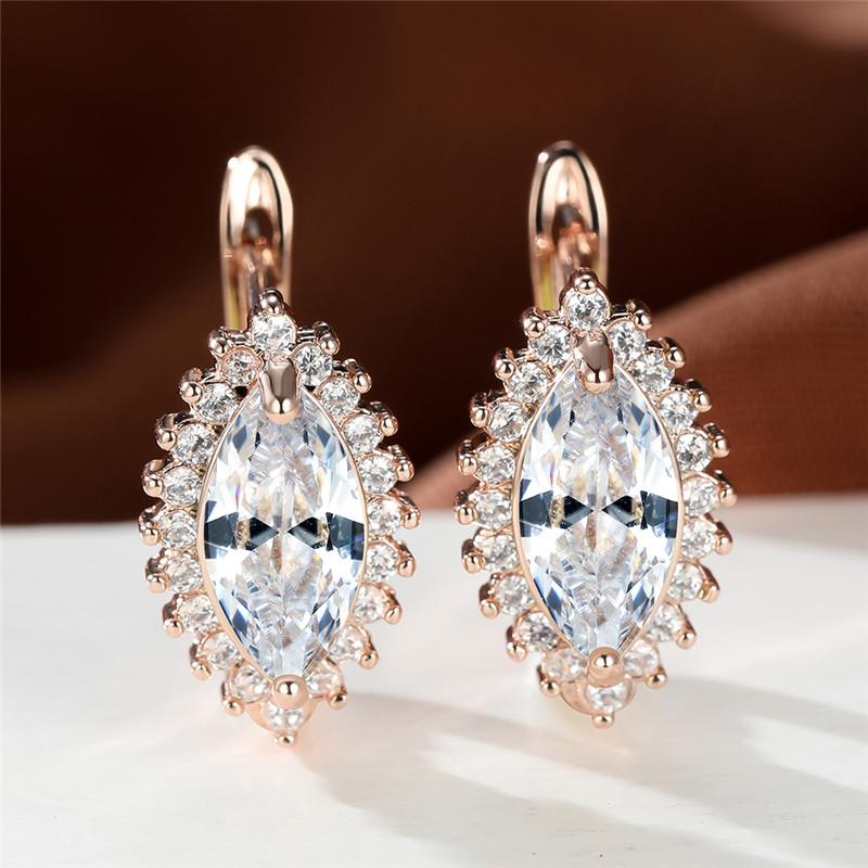 1 Pair Rose Gold Color Marquise Cut Multicolor Birthstone Drop Dangle Hook Earrings White Red Blue Green Stone Horse Eye Claw Earrings Jewelry