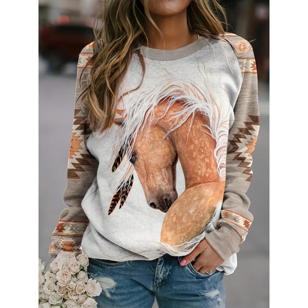 Fashion Women's Sweatshirt Horse Graphic Print Sweatshirt for Women Casual Long Sleeve Crew Neck Pullover Y2k Women's Clothing