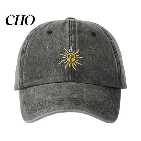 Summer Baseball Hat Embroidery Sun Pattern Hat, Adjustable Back Buckle Retro Distressed Lightweight Style Cap, Washed Cotton Fabric Outdoor