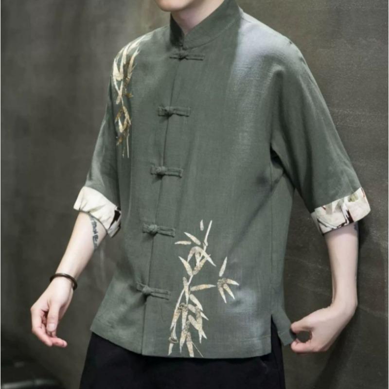 Льняная рубашка мужская с короткими рукавами в китайском стиле с дисковыми пуговицами, летняя рубашка в китайском стиле из хлопка и льна с рукавами-пятью