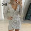 Весна Осень Женское Платье Глубокий V-образный вырез с пайетками Приталенный крой Длинные рукава Приталенный крой Нерегулярные плиссированные вечерние Клубные Короткие Платья Для Выпускного Вечера Мини Платье