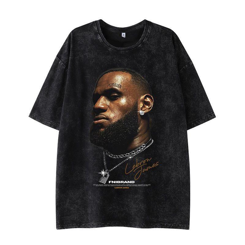 American basketball retro wasteland feng shui wash t-shirt star print men's and women's fashion casual sports stacked tops ins tide