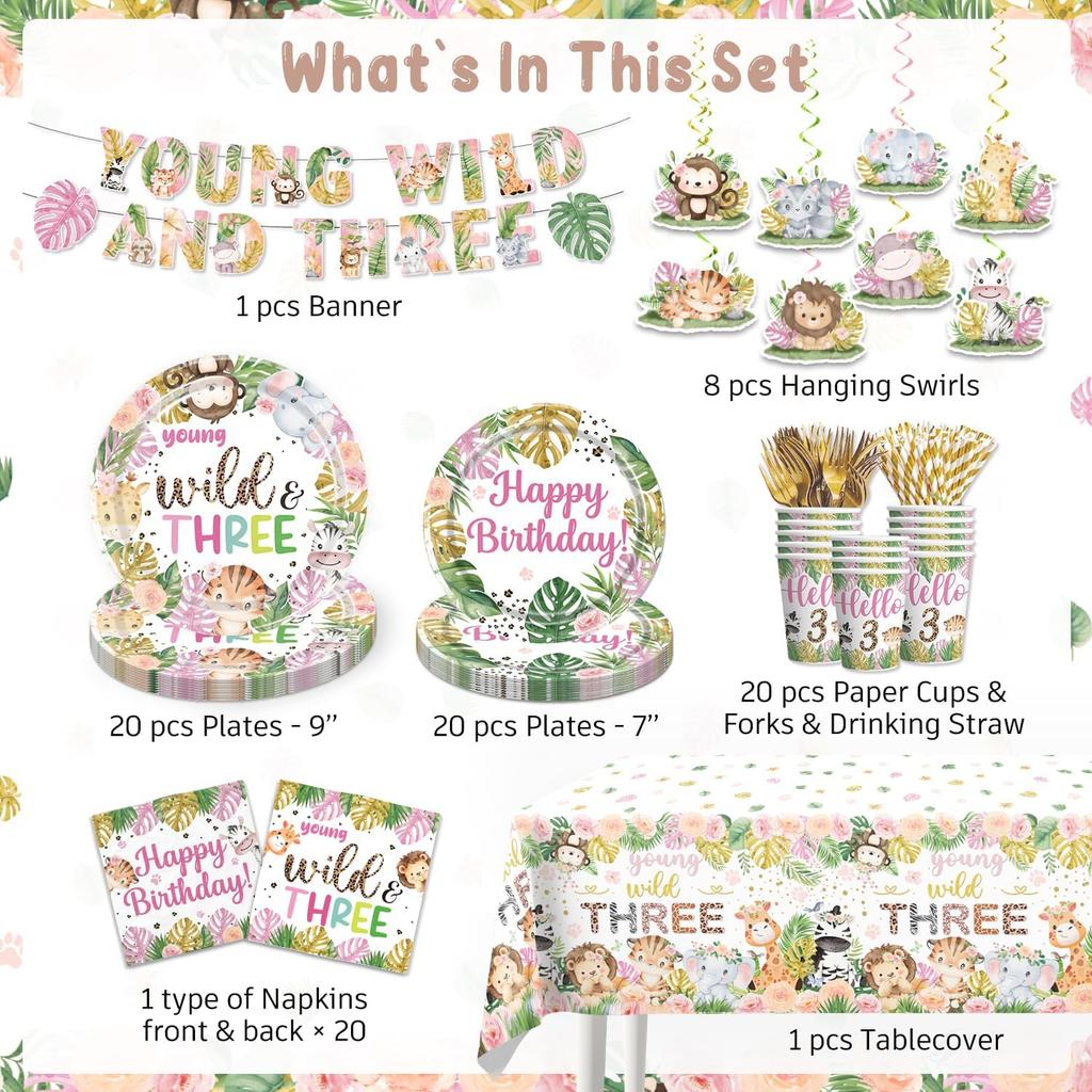 138pcs Young Wild and Three Party Decorations Plate, Safari Wild and Three Party Decorations Plate Napkins Tablecloth Banner for Jungle Young Wild