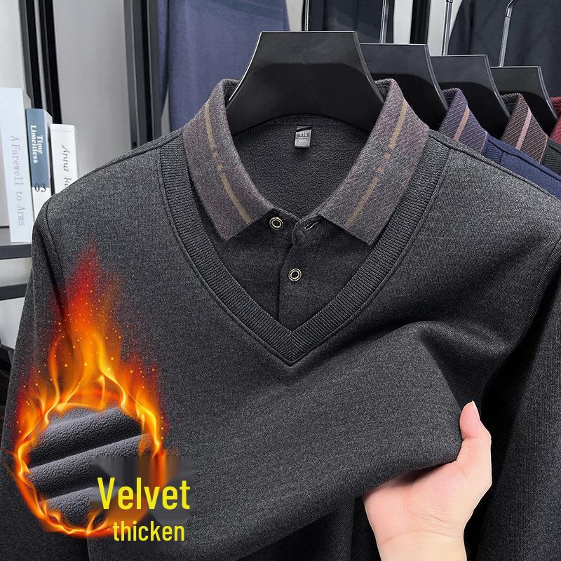 Мужской зимний утолщенный вязаный свитер с лацканами - Business Casual, С начесом, Имитация двойки