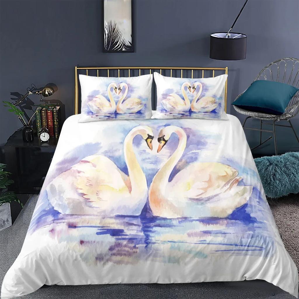 Print Swan Bedding Sets US King 259x229cm High Quality Super Soft Comfortable Cotton Bedding Set Home Textile Duvet Cover Set