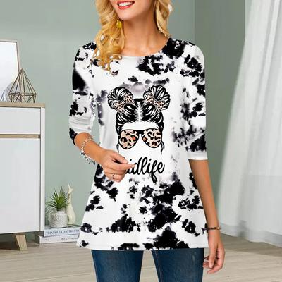 Плюс Размер Женский Цветочный Принт Фрикадельки Голова Круглый Вырез Повседневный Свободный Топ С Длинным Рукавом