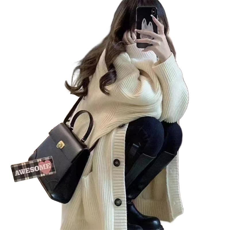 Autumn Winter V-neck Solid Color Loose Casual Cardigan Coat Women All-match Knitting Jacket Outwear Top