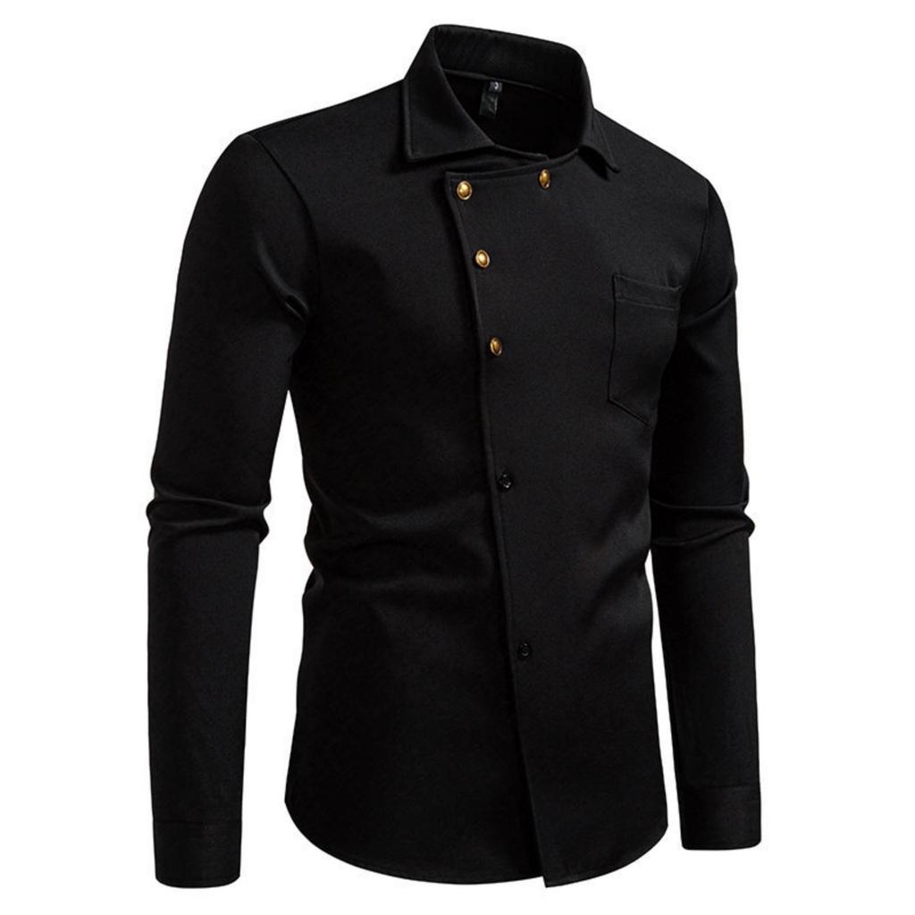 Men's Casual Solid-color Long-sleeved Shirt, Men's Slanted Button Slim Lapel Shirt