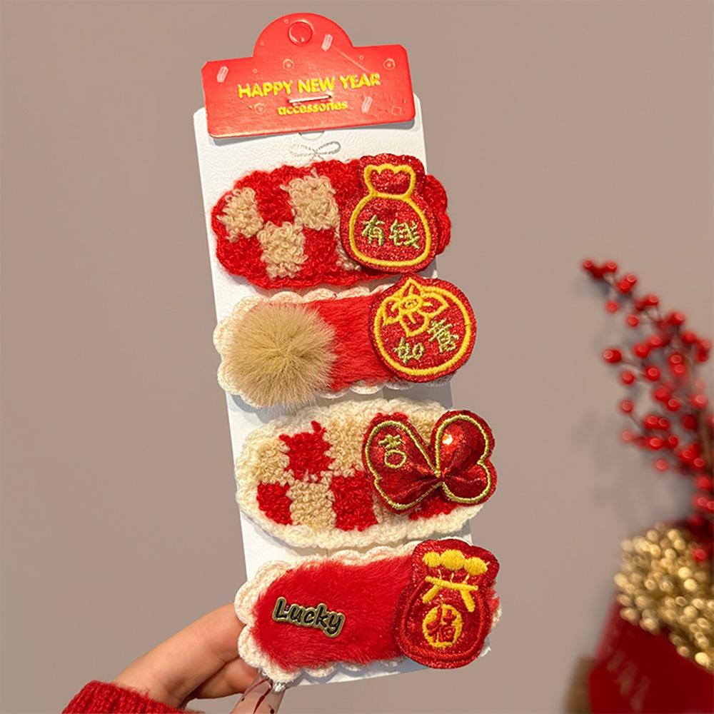 Plush Character Fortune Hairpin Lucky Chinese New Year Barrettes Fashion Red Hair Clips Gift