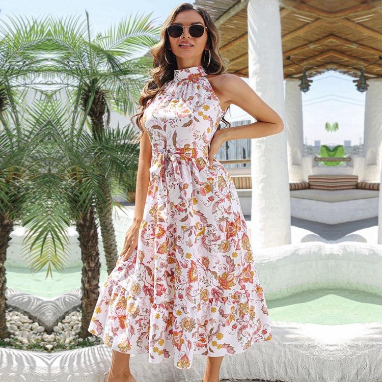 Vintage Print Halter Sleeveless Long Dress Women Spring Summer Holiday Lace Up Strap S-XL