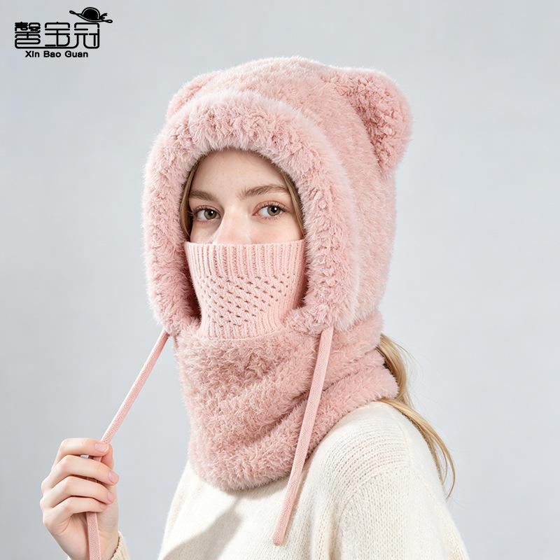 Hat, mask, scarf, integrated hat, winter outdoor cycling warm pullover hat, women's fleece ear protector, knitted wool hat