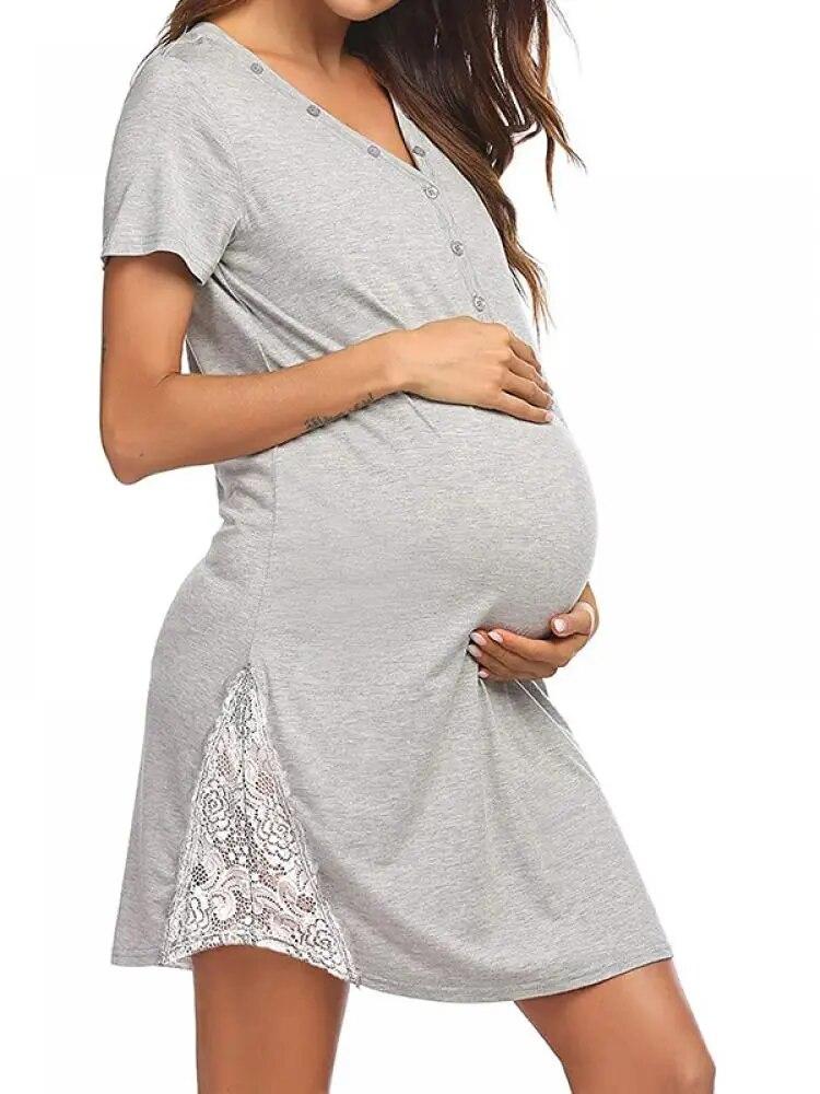 Ночная рубашка для кормящих женщин, платье для беременных, ночная рубашка для сна, v-образный вырез, воротник на пуговицах, ночная рубашка, кружевной подол, одежда для сна для кормления грудью, больничное платье