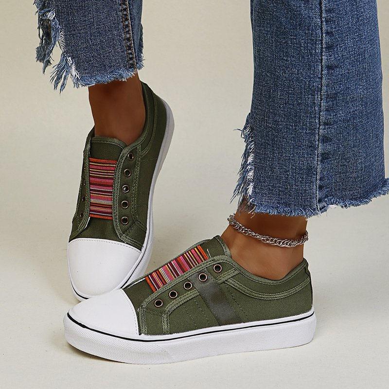 Размеры 36-43 Женская обувь Мягкие туфли на плоской подошве из парусины Модные красочные полосатые эластичные туфли без застежек Повседневные вулканизированные туфли Женские кроссовки