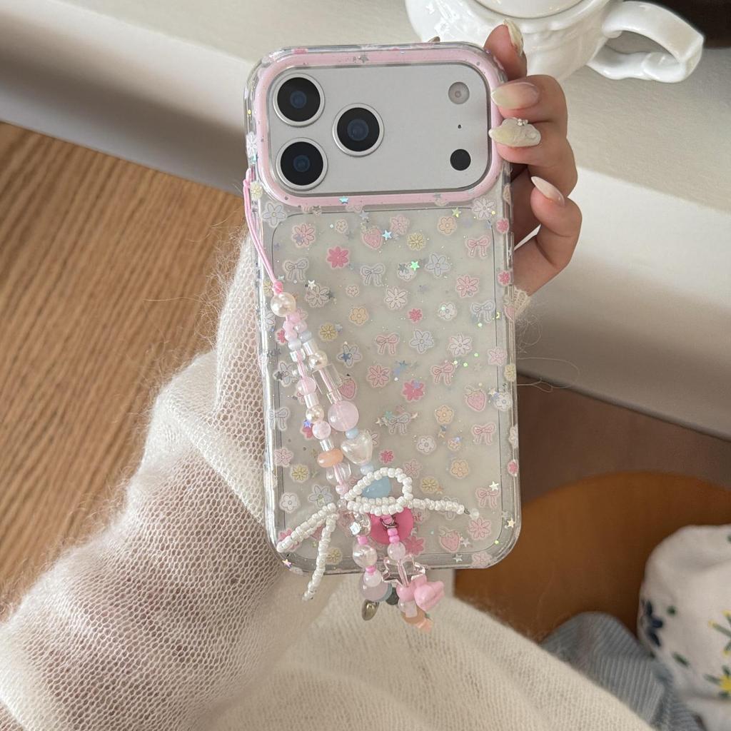 Девчачий Чехол-Сердечко на Весь Экран с Клубничным Цветком для iPhone 16/15, Apple 17 Pro Max, 14 - Новый Стиль