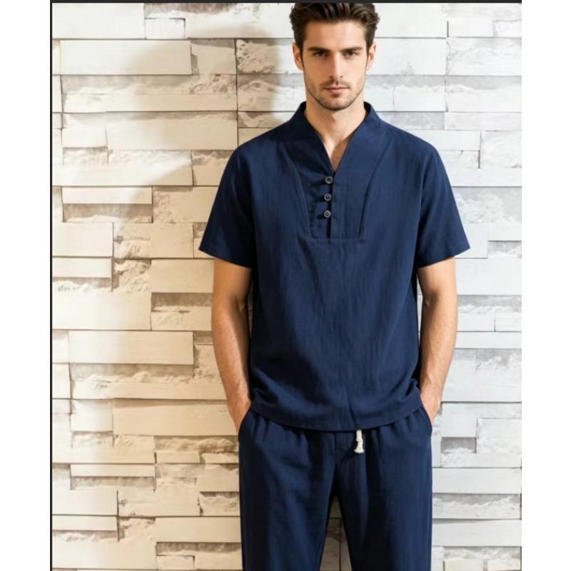Мужской повседневный комплект из 2 предметов: рубашка-henley с коротким рукавом и воротником-стойкой, черная, из смешанного льна