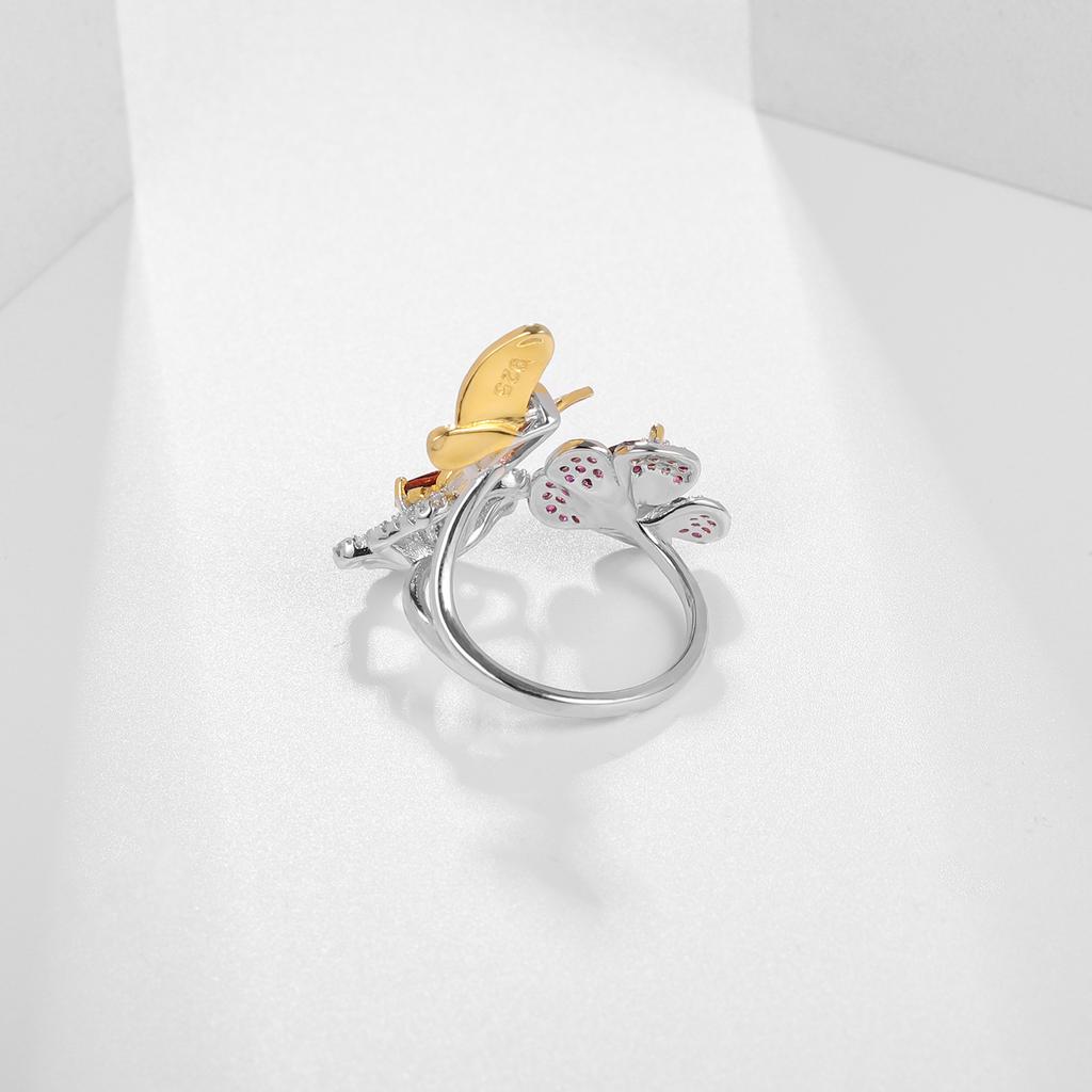 Original Designer Natural Amethyst Ring, Natural Style Butterfly Flower Design, 925 Silver Open Adjustable Ring