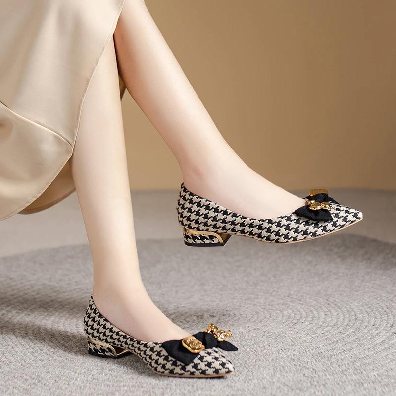 Shoes for Women New Slip On Women's Flats Autumn Pointed Toe Mixed Colors Houndstooth Butterfly-knot Shallow Mouth Shoes