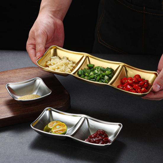 1/2/3 Grids Stainless Steel Seasoning Dish Korean Metal Barbecue Sauce Dipping Dish Plate BBQ Restaurant Kitchen Tableware