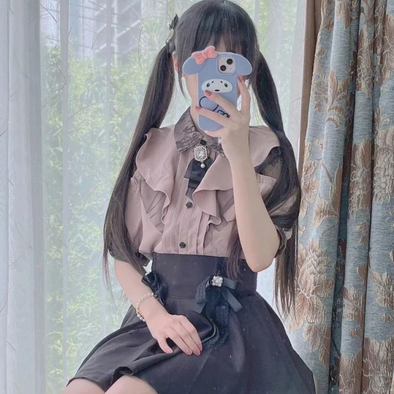 Милая блузка в японском стиле, элегантные милые топы с короткими рукавами, повседневная женская эстетичная рубашка, кавайные женские рубашки, одежда в стиле Лолита Y2K