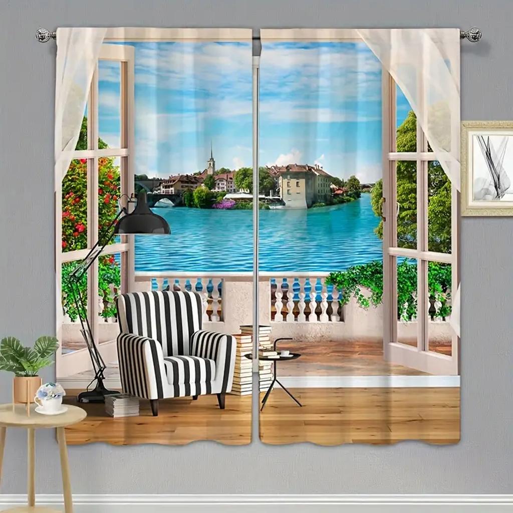 2pcs 3D Balcony Beach Landscape Curtain Window Treatment For Bedroom Living Room Kitchen Study Room Home Decor Free Shipping