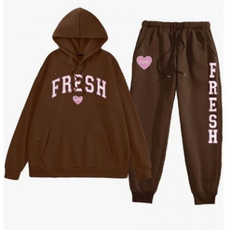 Womens Graphic Print Fleece Hoodie Tracksuit Casual Sportswear Set