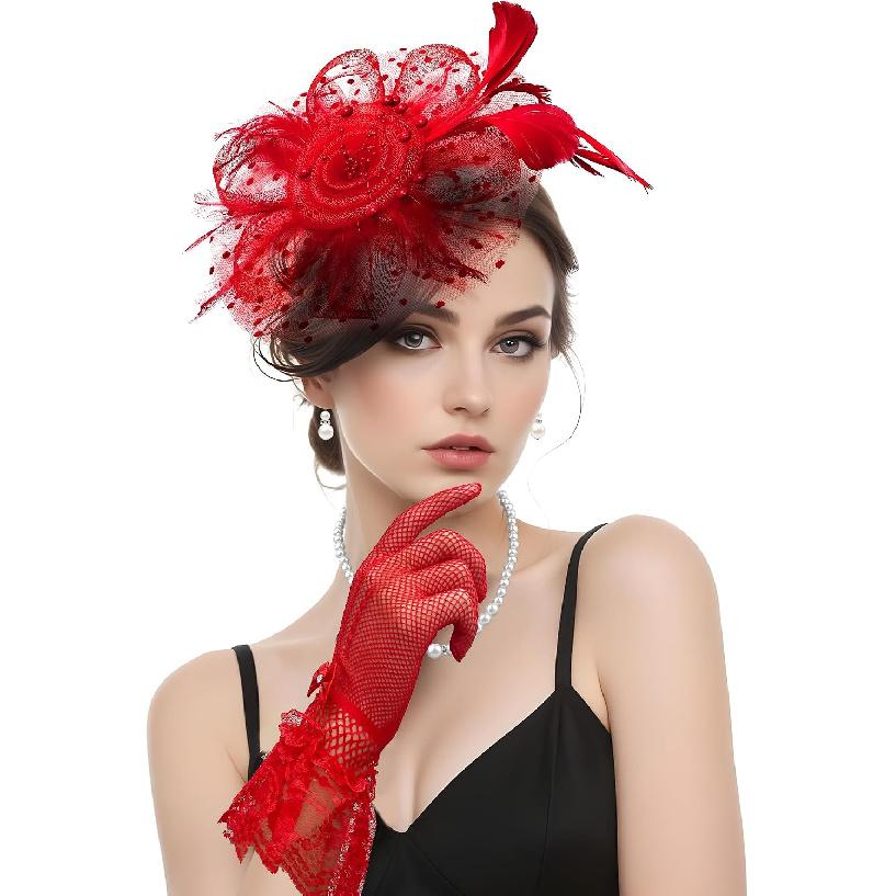 Fascinator Hat for Women Tea Party Headband Tea Party Headpiece and Lace Glove Set for Women 1920s Party
