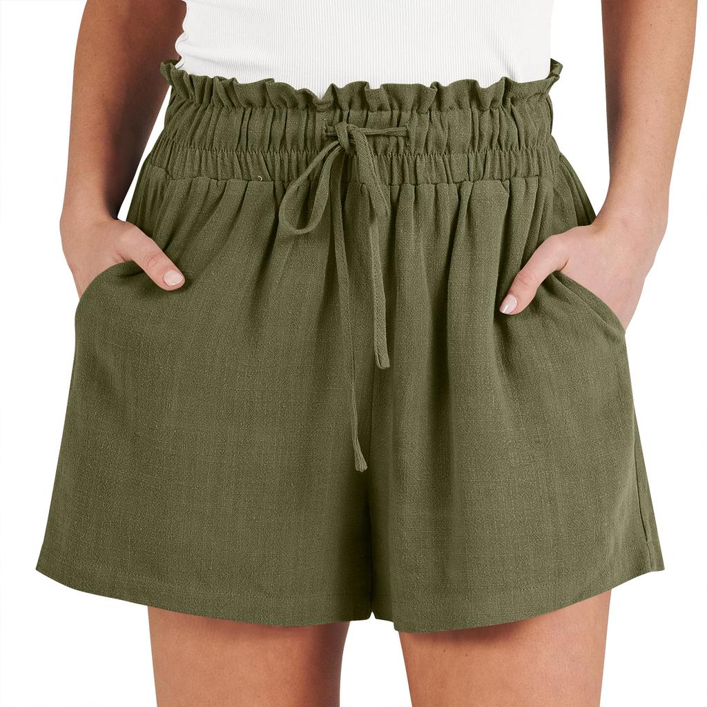 Женские льняные шорты, летние пляжные повседневные удобные шорты с эластичной резинкой на талии, легкие шорты на шнурке, повседневные шорты с карманами
