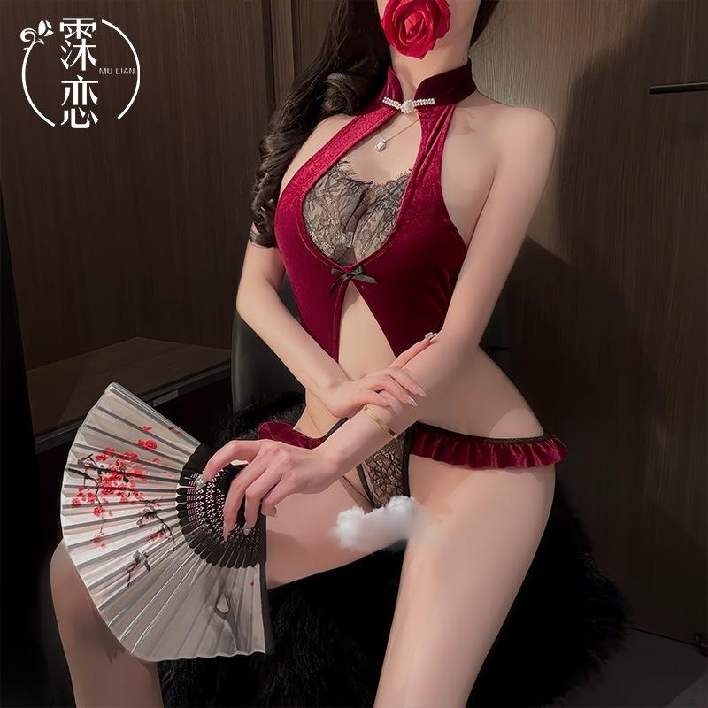 Sex underwear velvet splicing lace open crotch one-piece sexy pure desire naked hip cheongsam free of temptation