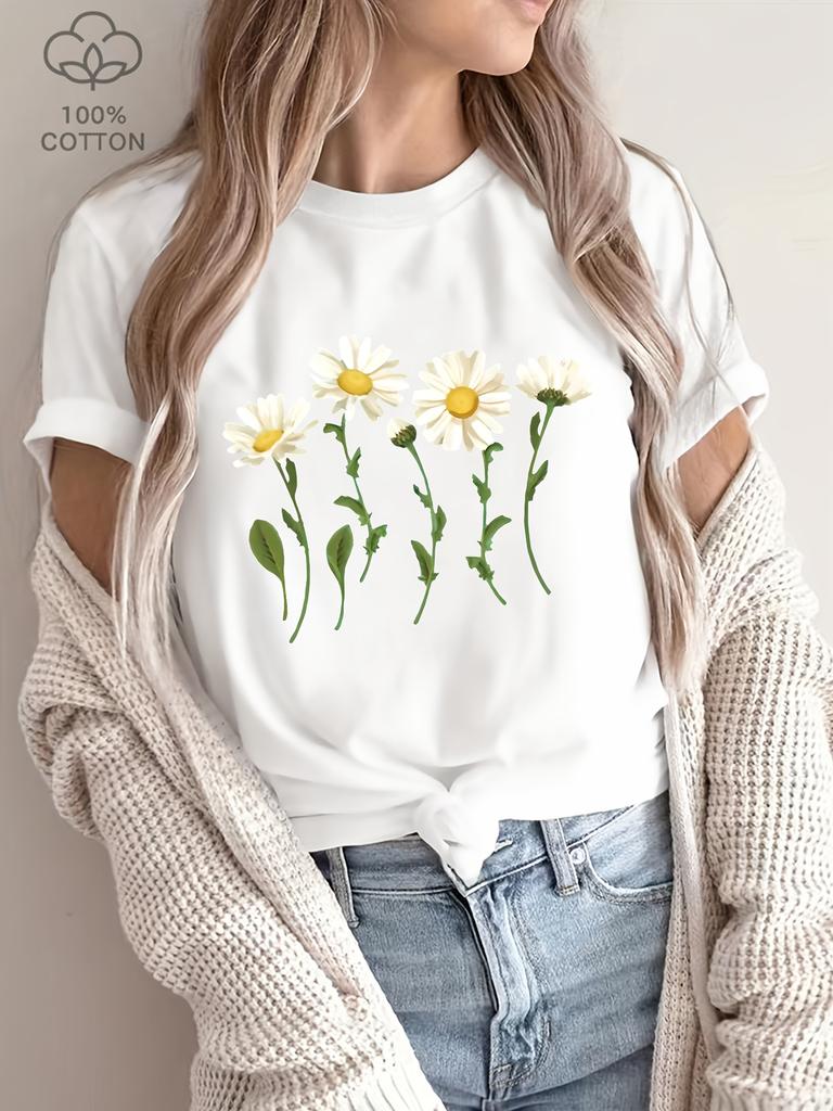 Women's Floral Print Short Sleeve T-Shirt - White Daisy & Green Leaf Design Casual Regular Fit Ladies T Shirts Casual Attire
