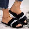 Fashion Fashion Pearl Fluffy Fur Slides for Woman Luxury Rhinestone Decor Indoor Home Slippers Women Open Toe Plush Warm Winter Slippers