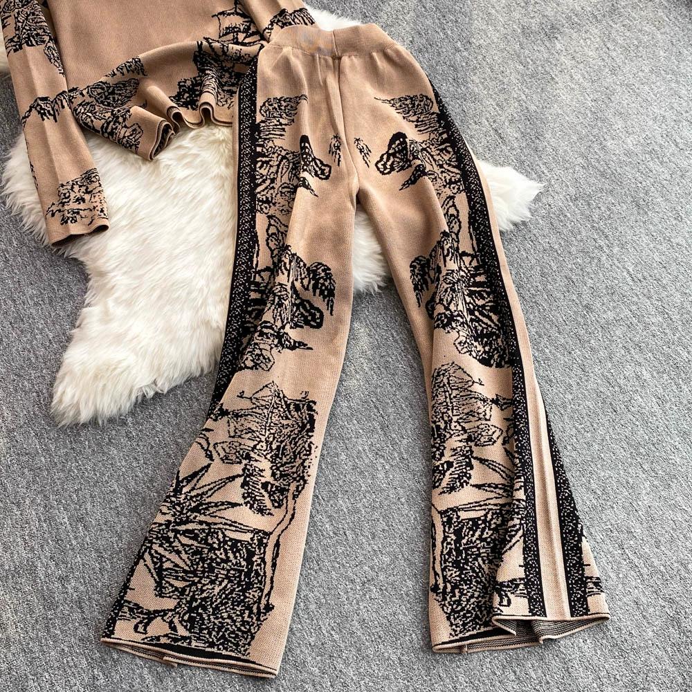 Осенне-зимний элегантный женский комплект одежды для отдыха из 2 предметов, трикотажные брюки, дизайнерский винтажный вязаный свитер с цветочным принтом