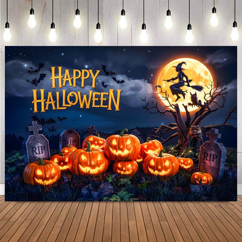 Horror Halloween Photo Background Castle Pumpkin Lantern Skull Ghost Bat Witch Black Cat Spider Web Deco Photography Backdrop10