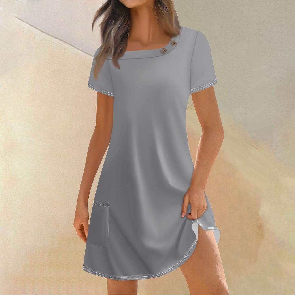 Женская мода, летние платья с квадратным вырезом и коротким рукавом, повседневные свободные однотонные платья с карманами и пуговицами