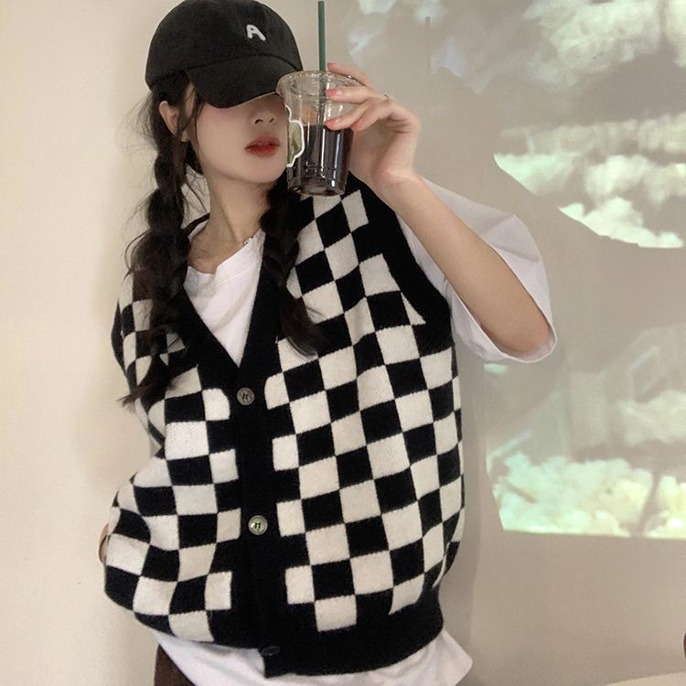 Корейский стиль, клетчатый кардиган большого размера, свитер, женский винтажный вязаный жакет в клетку, модный джемпер с длинными рукавами, женский