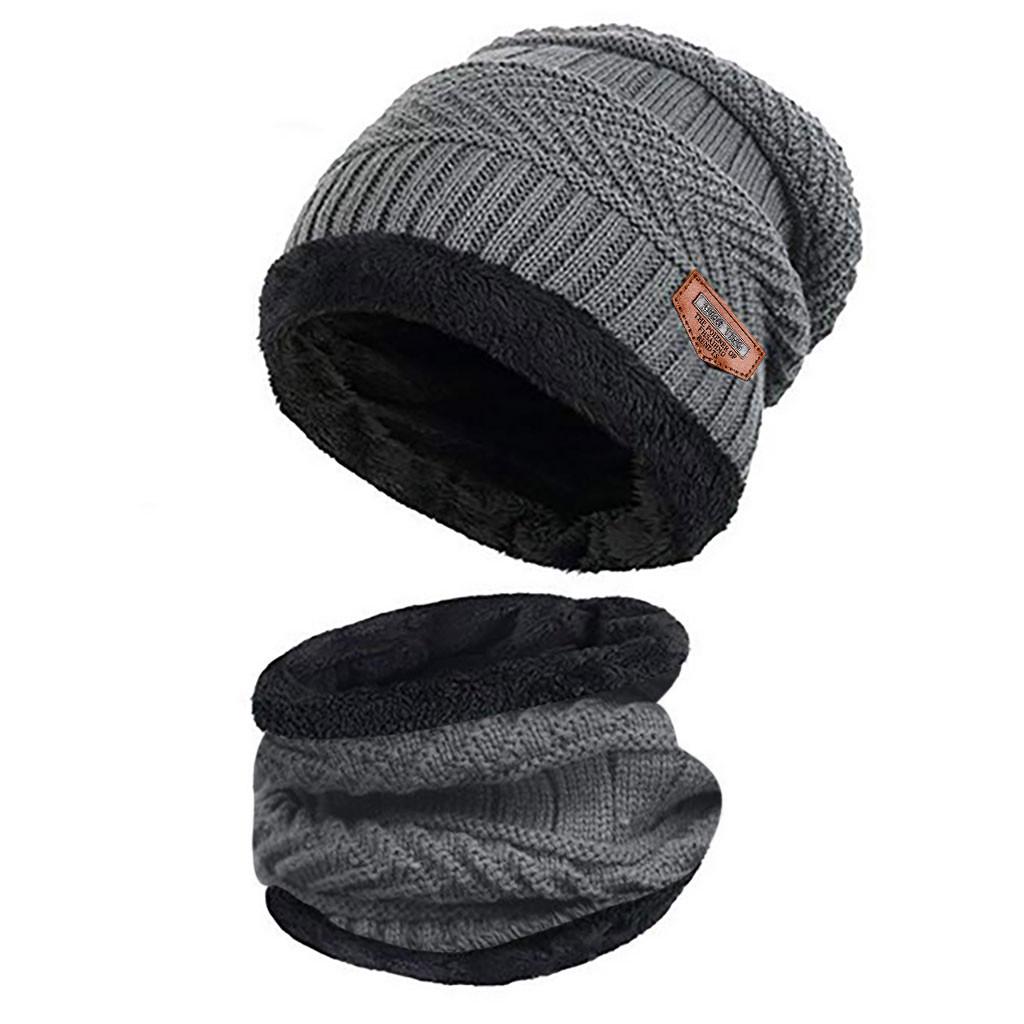 Men Warm Winter Thicken Hat And Scarf Two-Piece Knit Windproof Cap