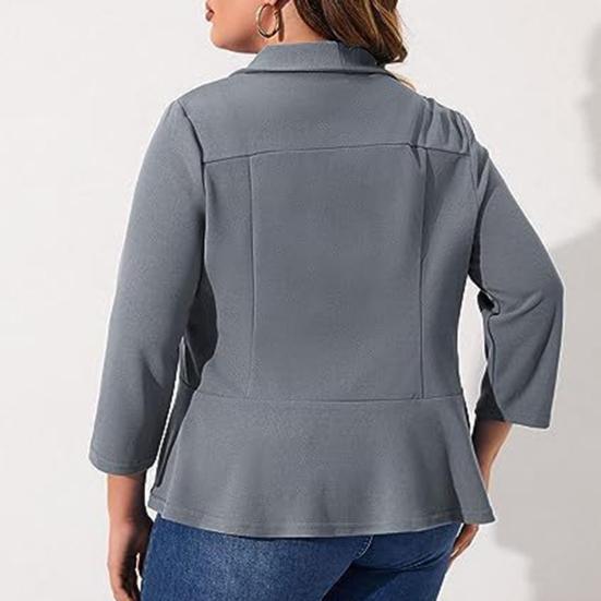 Plus Size Women Suit Coat Lapel Long Sleeve Ruffle Hem Open Front Suit Jacket Solid Color Versatile Business Outerwear