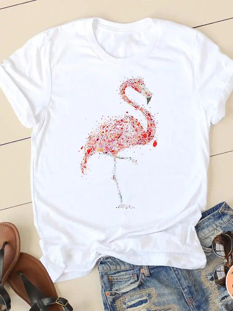 Graphic Tee T-shirts Short Sleeve Ladies Casual Clothing Flamingo Beach 90s Trend Summer Women Fashion Female T Shirt Clothes