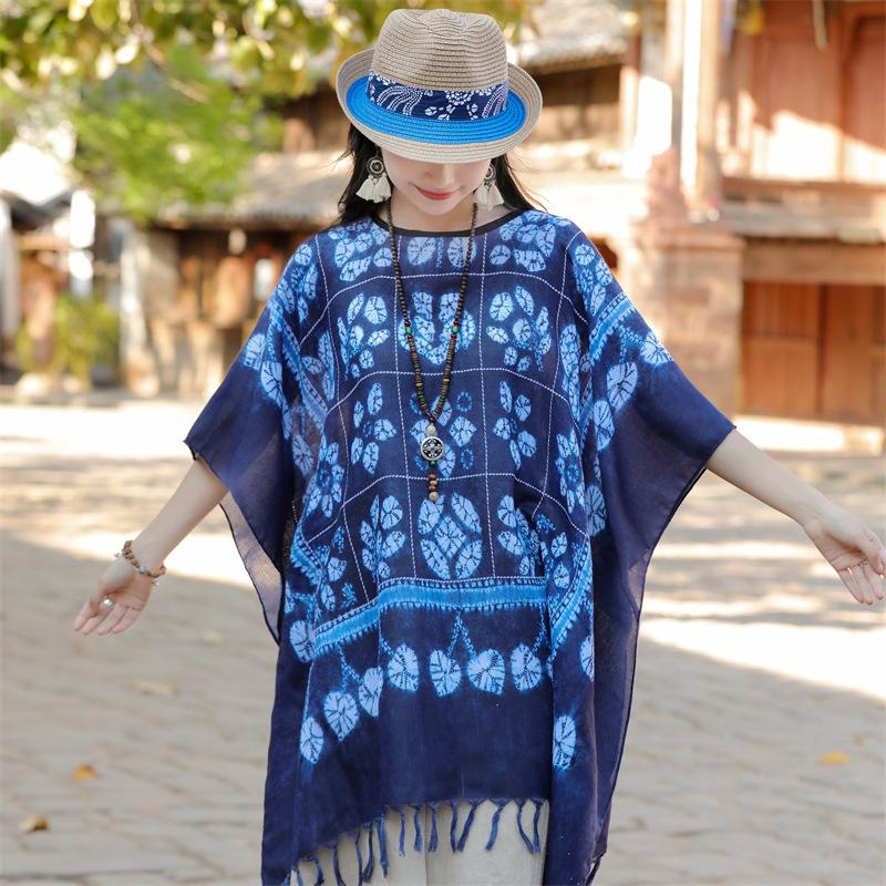 Four Season Imitation Tie Dye Printed Ethnic Style Scarf, Women'S Retro Famous Ethnic Style Blue And White Porcelain Sunscreen Cloak, Large Shawl