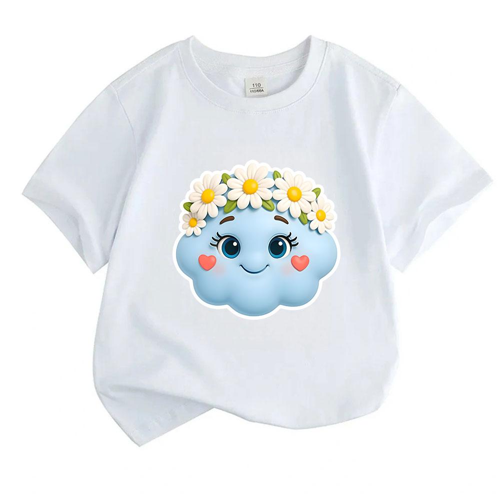 Kids Boys Girls 100% Cotton Crew Neck Short Sleeve T-Shirt, Cute 3D Blue Cloud with Daisy Flower Crown Print Casual Soft Summer Tee for Children