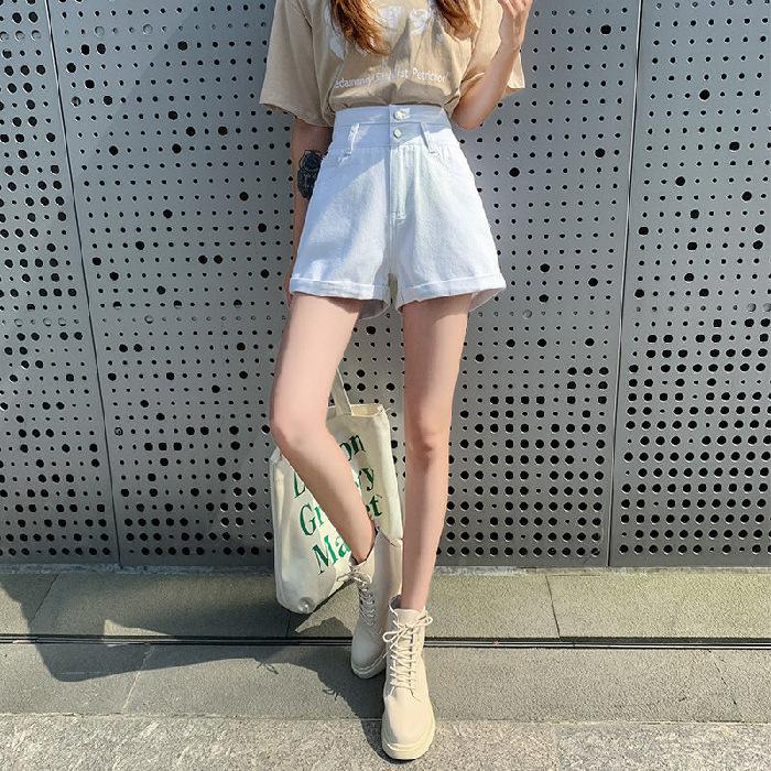 Двубортные джинсовые шорты для женщин Новые шорты с высокой посадкой, стройнящие, свободные, с широкими штанинами