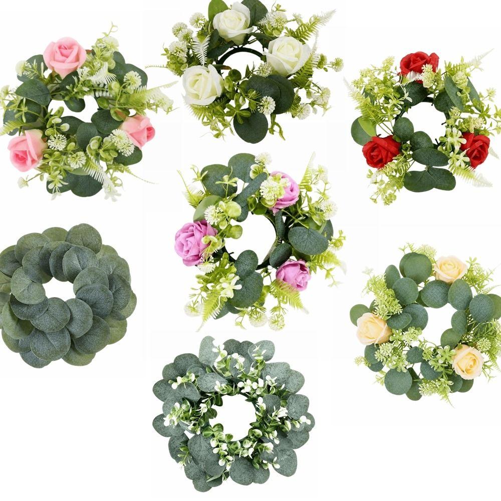 Rose Pillar Candle Holder Artificial Green Leaves Christmas Candle Rings Party
